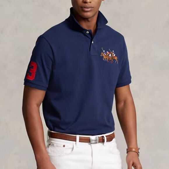 POLO RALPH LAUREN Classic Fit Triple-Pony Mesh Polo Shirt Navy M Nwt - Picture 1 of 8